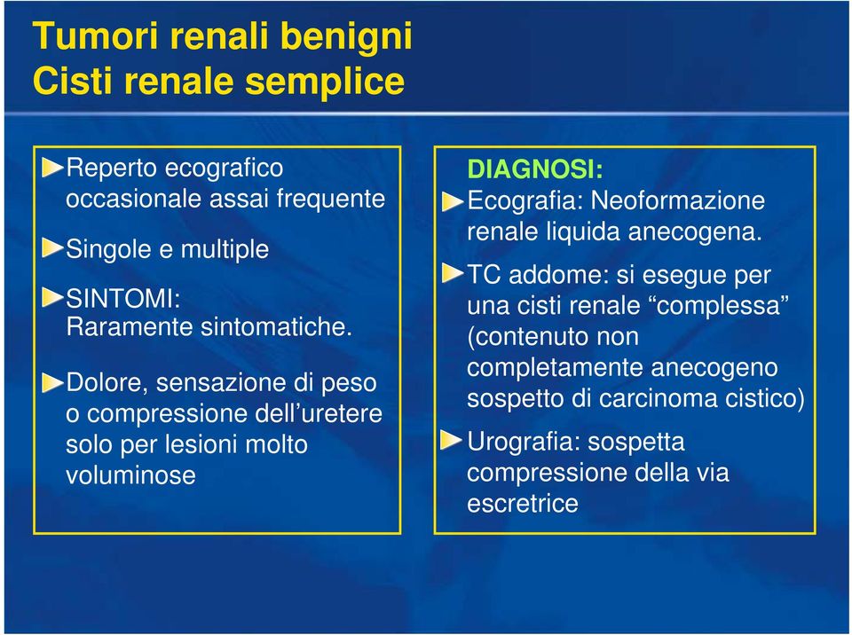 Dolore, sensazione di peso o compressione dell uretere solo per lesioni molto voluminose DIAGNOSI: Ecografia: