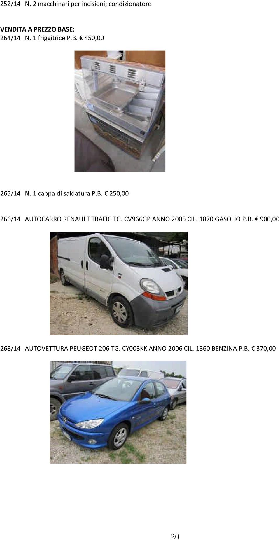 1 friggitrice P.B. 450,00 265/14 N. 1 cappa di saldatura P.B. 250,00 266/14 AUTOCARRO RENAULT TRAFIC TG.