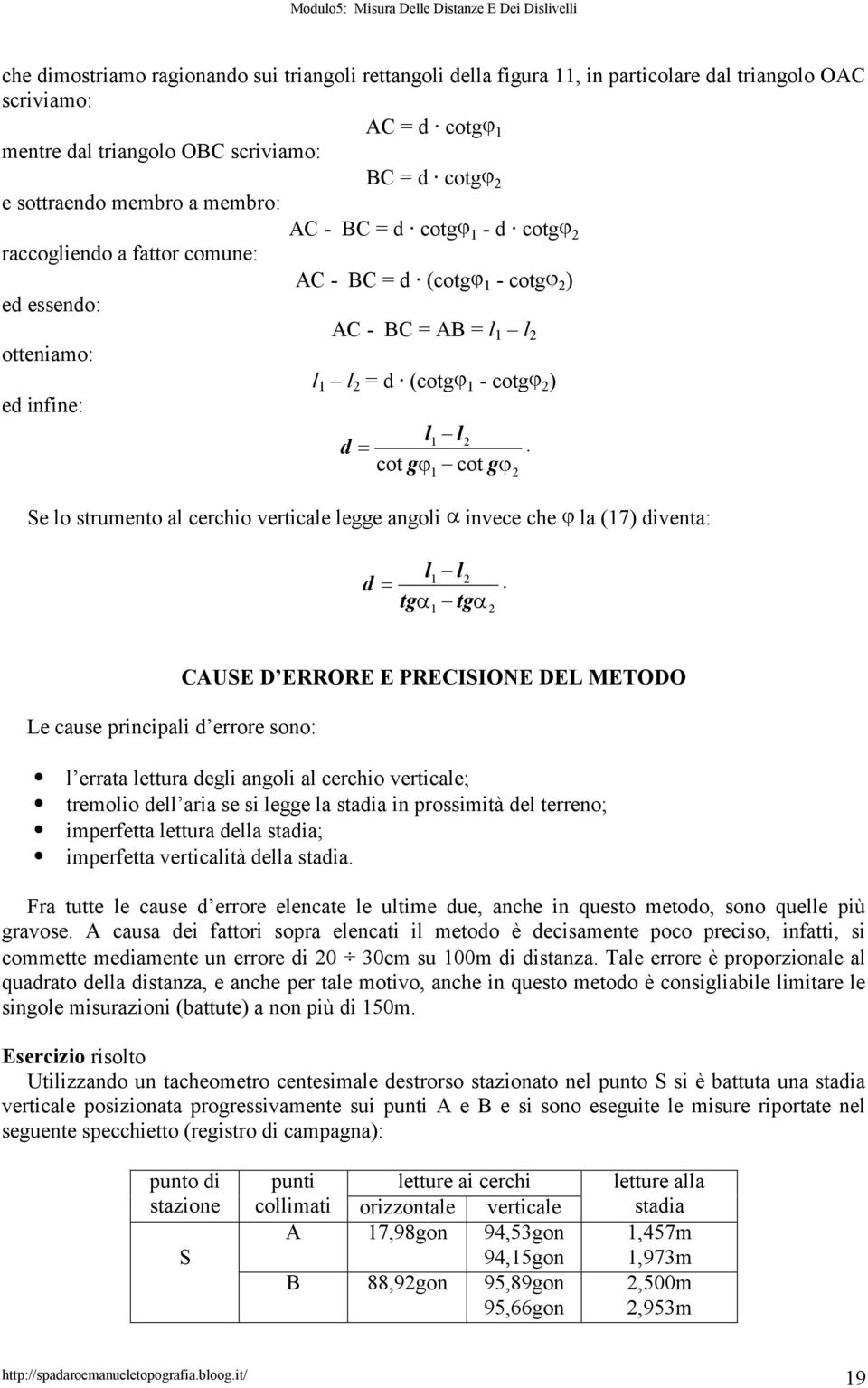 cot g cot g Se lo strumento al cerchio verticale legge angoli invece che la (17) iventa: 1 l l tg tg 1.