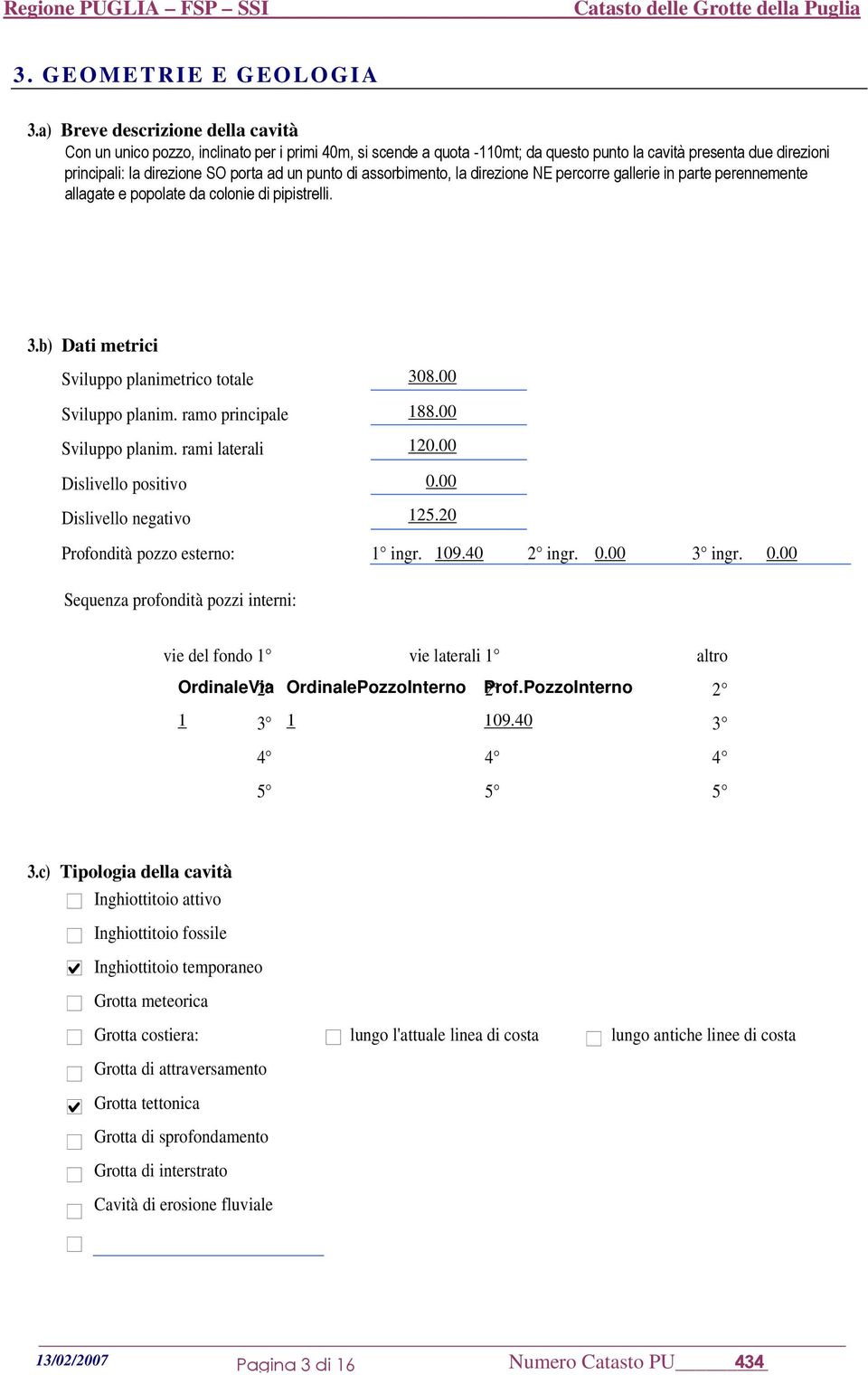 punto di assorbimento, la direzione NE percorre gallerie in parte perennemente allagate e popolate da colonie di pipistrelli. 3.b) Dati metrici Sviluppo planimetrico totale Sviluppo planim.