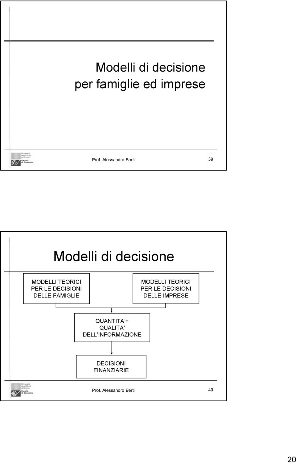 DECISIONI DELLE FAMIGLIE MODELLI TEORICI PER LE DECISIONI DELLE