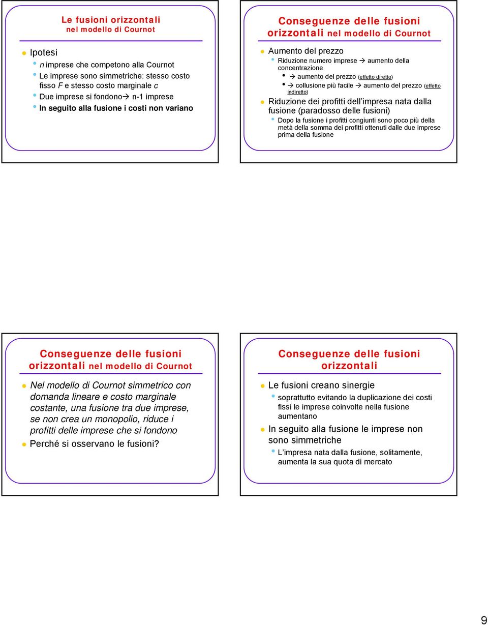 prezzo (effetto diretto) collusione più facile aumento del prezzo (effetto indiretto) Riduzione dei profitti dell impresa nata dalla fusione (paradosso delle fusioni) opo la fusione i profitti