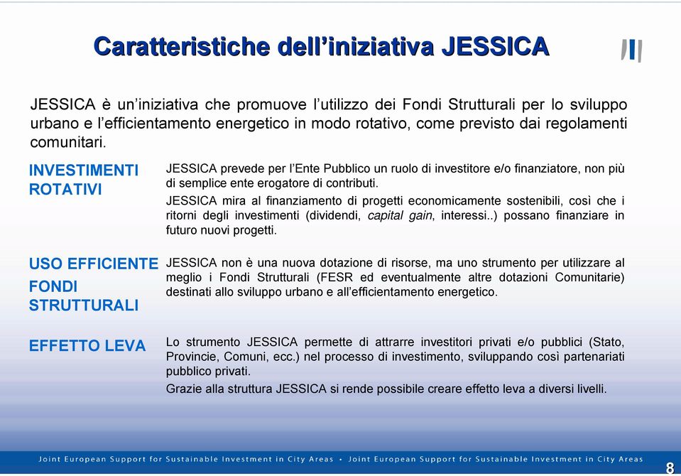 INVESTIMENTI ROTATIVI USO EFFICIENTE FONDI STRUTTURALI JESSICA prevede per l Ente Pubblico un ruolo di investitore e/o finanziatore, non più di semplice ente erogatore di contributi.