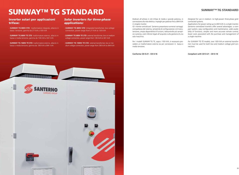 Solar inverters for three-phase applications: - SUNWAY TG 800V STD: integrated transformer, low voltage connection, power range from 27 kva to 100 kva - SUNWAY TG 800V TE STD: external transformer,