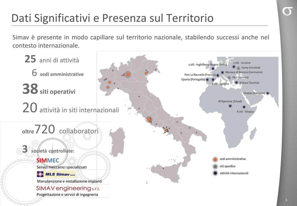 25 anni di attività 6 sedi amministrative 38 siti operativi 20 attività in siti internazionali oltre720