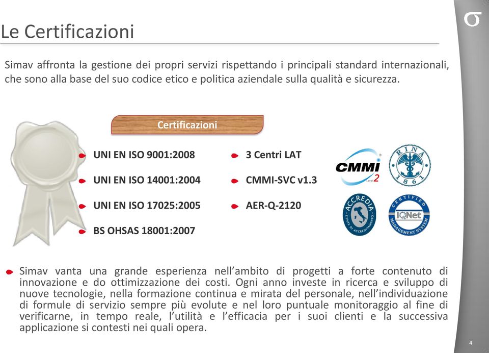 3 AER-Q-2120 BS OHSAS 18001:2007 Simav vanta una grande esperienza nell ambito di progetti a forte contenuto di innovazione e do ottimizzazione dei costi.