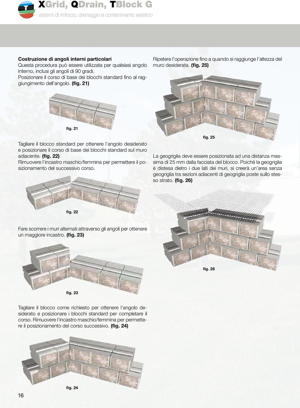 21 Tagliare il blocco standard per ottenere l angolo desiderato e posizionare il corso di base dei blocchi standard sul muro adiacente. (fig.