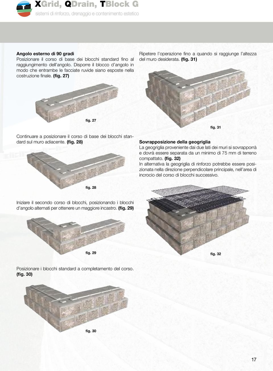 (fig. 31) fig. 27 fig. 31 Continuare a posizionare il corso di base dei blocchi standard sul muro adiacente. (fig.