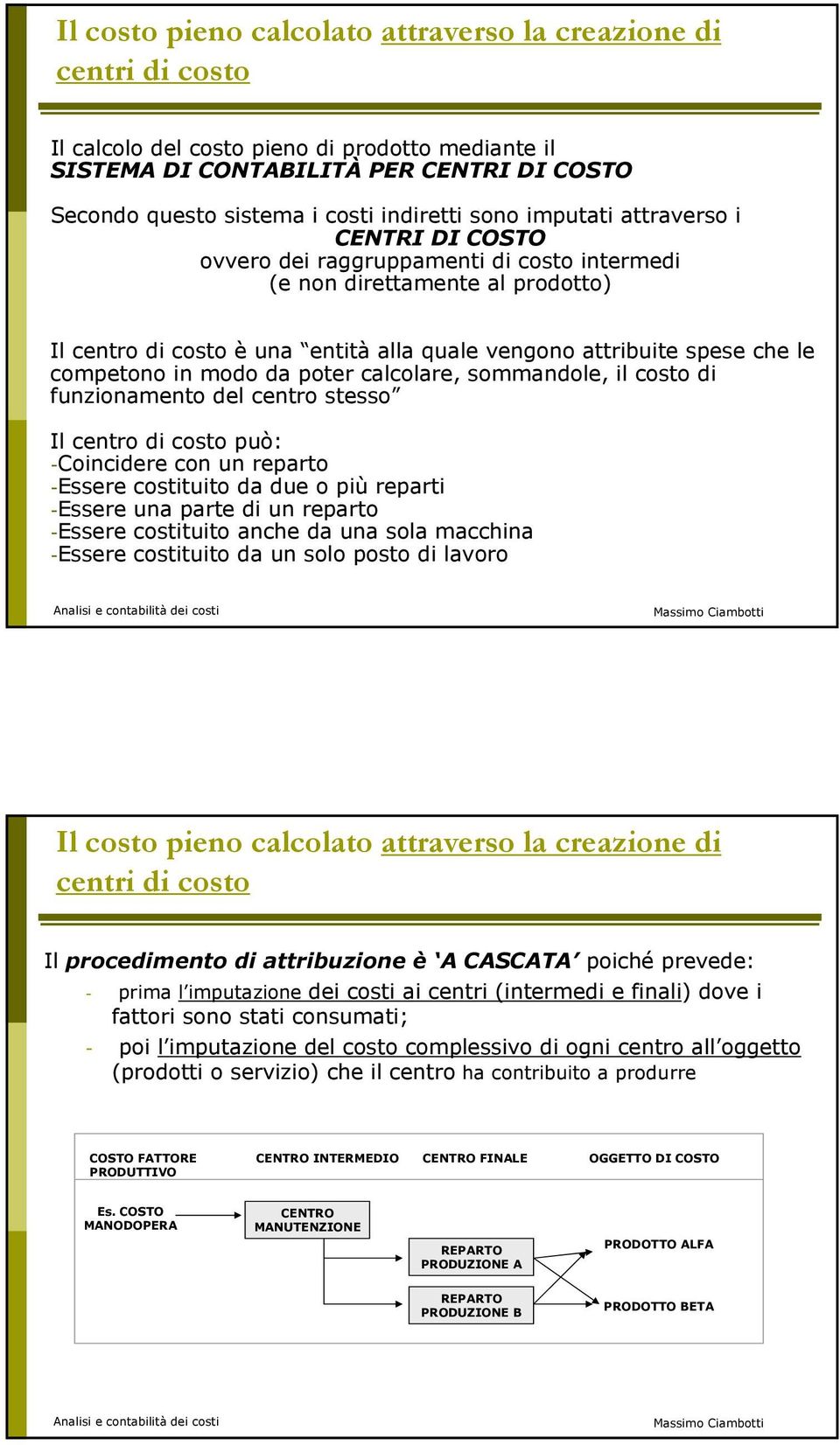 che le competono in modo da poter calcolare, sommandole, il costo di funzionamento del centro stesso Il centro di costo può: -Coincidere con un reparto -Essere costituito da due o più reparti -Essere