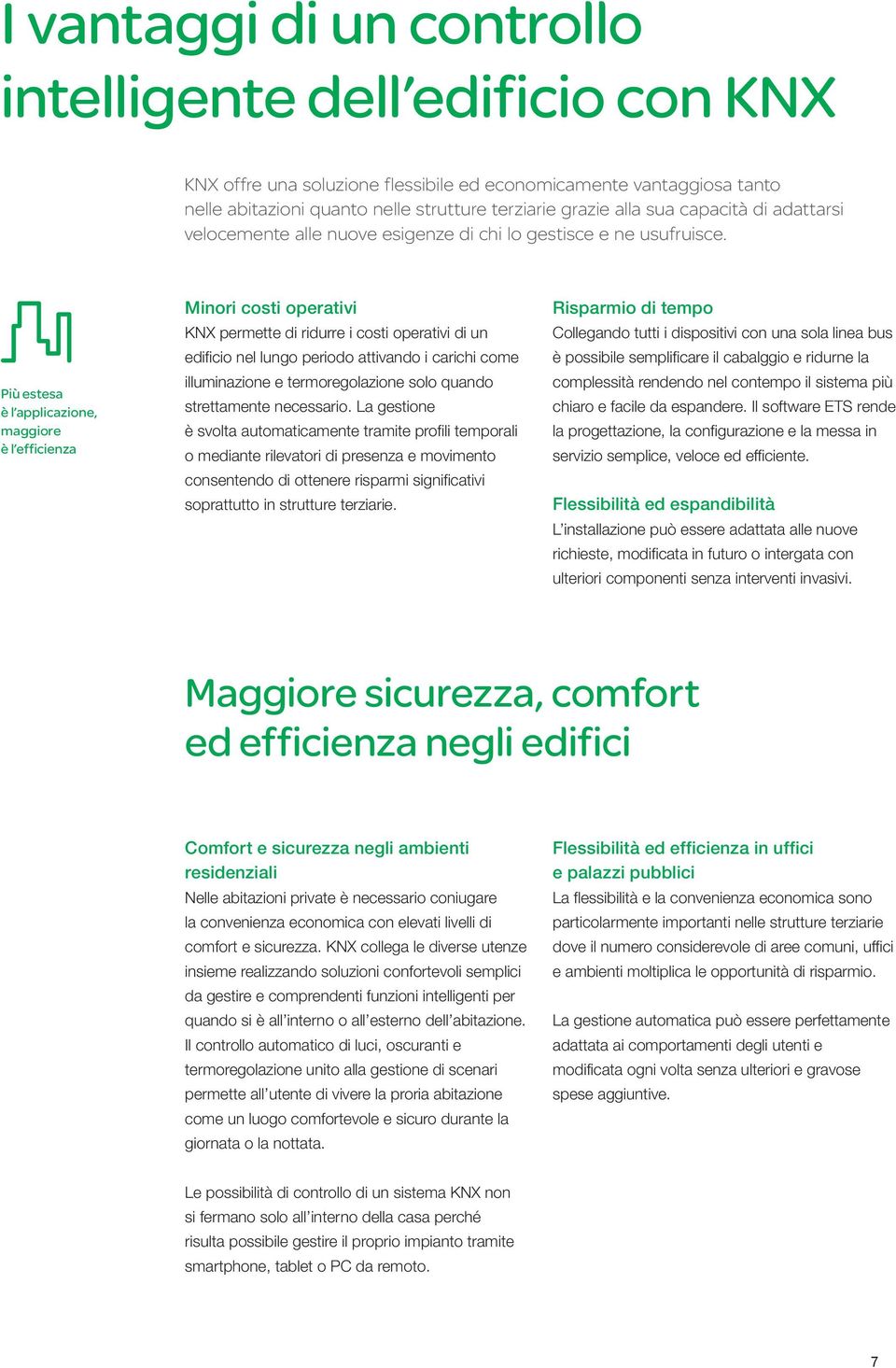 Più estesa è l applicazione, maggiore è l efficienza Minori costi operativi KNX permette di ridurre i costi operativi di un edificio nel lungo periodo attivando i carichi come illuminazione e