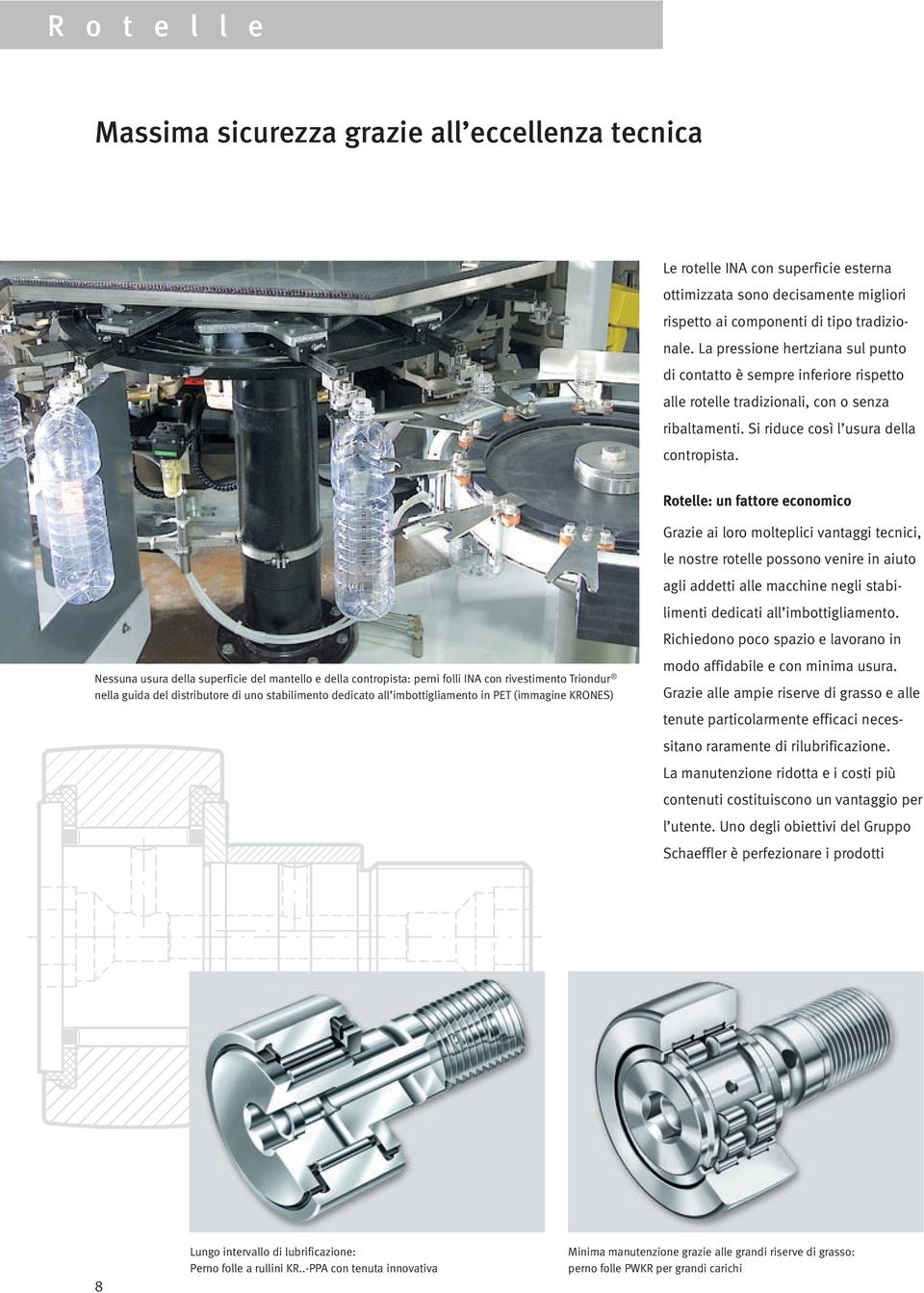 Rotelle: un fattore economico Nessuna usura della superficie del mantello e della contropista: perni folli INA con rivestimento Triondur nella guida del distributore di uno stabilimento dedicato all