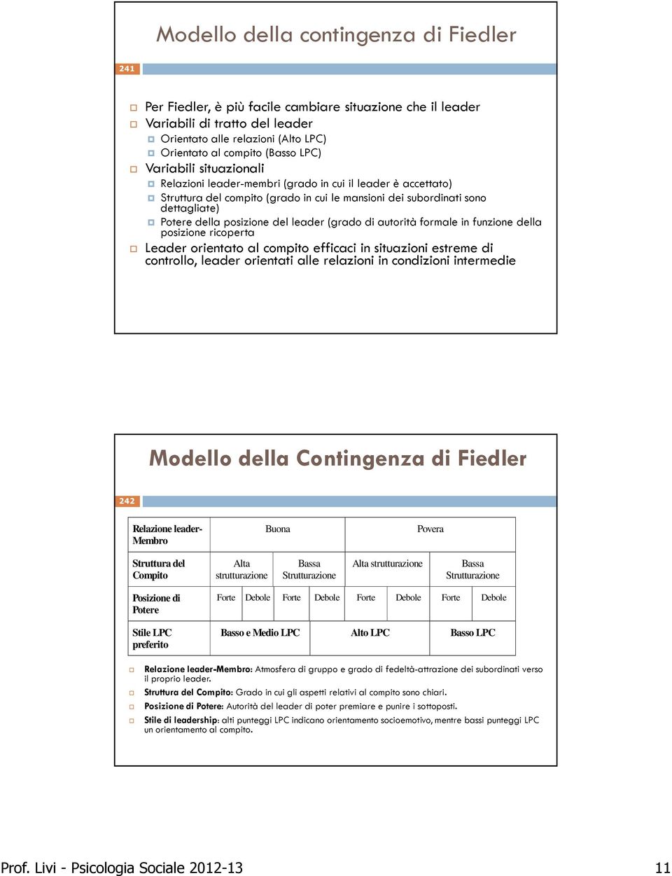 leader (grado di autorità formale in funzione della posizione ricoperta Leader orientato al compito efficaci in situazioni estreme di controllo, leader orientati alle relazioni in condizioni