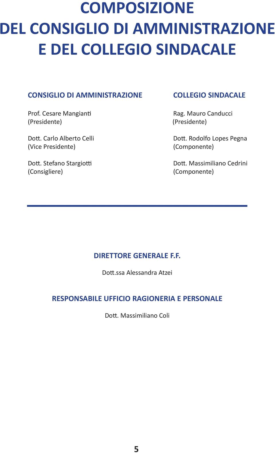 Stefano Stargiotti (Consigliere) COLLEGIO SINDACALE Rag. Mauro Canducci (Presidente) Dott.