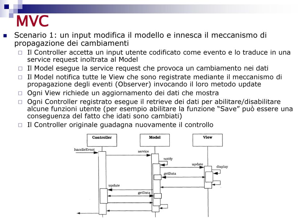 propagazione degli eventi (Observer) invocando il loro metodo update Ogni View richiede un aggiornamento dei dati che mostra Ogni Controller registrato esegue il retrieve dei dati per