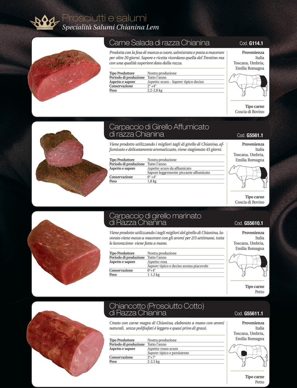 1 Aspetto: scuro - Sapore: tipico deciso 2 +4 2,2-2,8 kg Coscia di Bovino Carpaccio di Girello Affumicato di razza Chianina Viene prodotto utilizzando i migliori tagli di girello di Chianina,