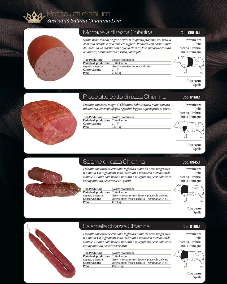1 Aspetto: rosato - Sapore: delicato 2 +7 3-3,5 kg Spalla Prosciutto cotto di razza Chianina Prodotto con carni magre di Chianina.