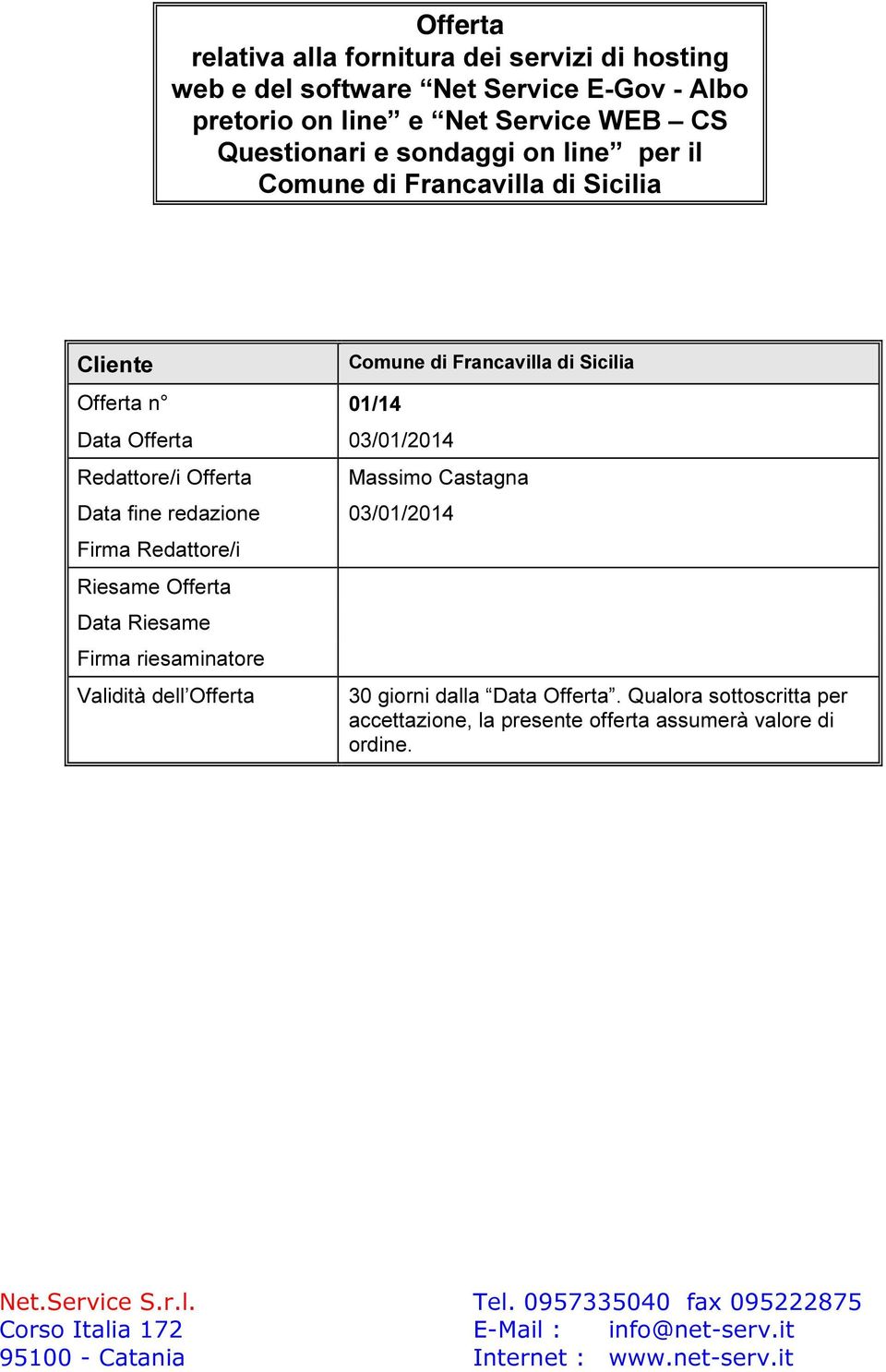 Comune di Francavilla di Sicilia Massimo Castagna Data fine redazione 03/01/2014 Firma Redattore/i Riesame Offerta Data Riesame Firma