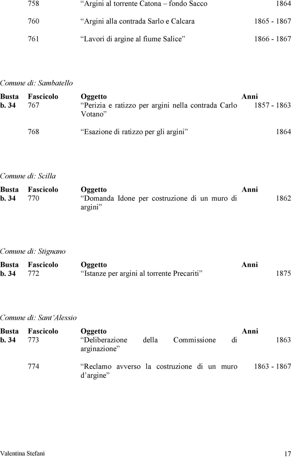 34 767 Perizia e ratizzo per argini nella contrada Carlo Votano 1857-1863 768 Esazione di ratizzo per gli argini 1864 Comune di: Scilla b.