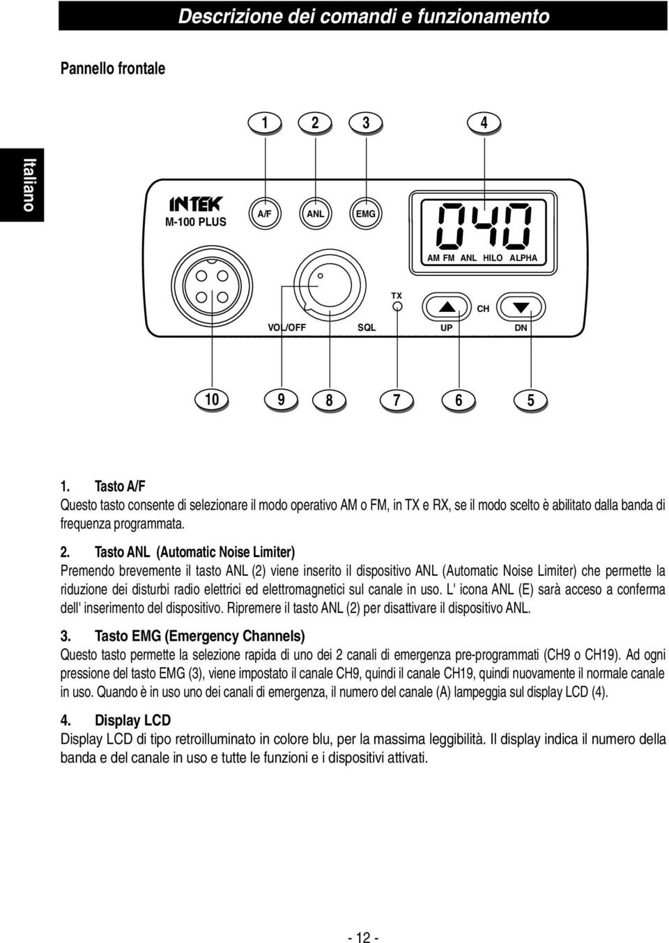 Tasto ANL (Automatic Noise Limiter) Premendo brevemente il tasto ANL (2) viene inserito il dispositivo ANL (Automatic Noise Limiter) che permette la riduzione dei disturbi radio elettrici ed