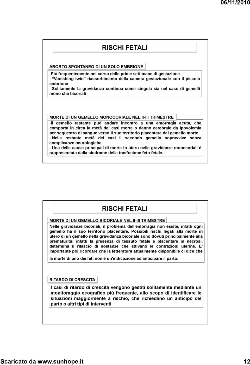 emorragia acuta, che comporta in circa la metà dei casi morte o danno cerebrale da ipovolemia per sequestro di sangue verso il suo territorio placentare del gemello morto.