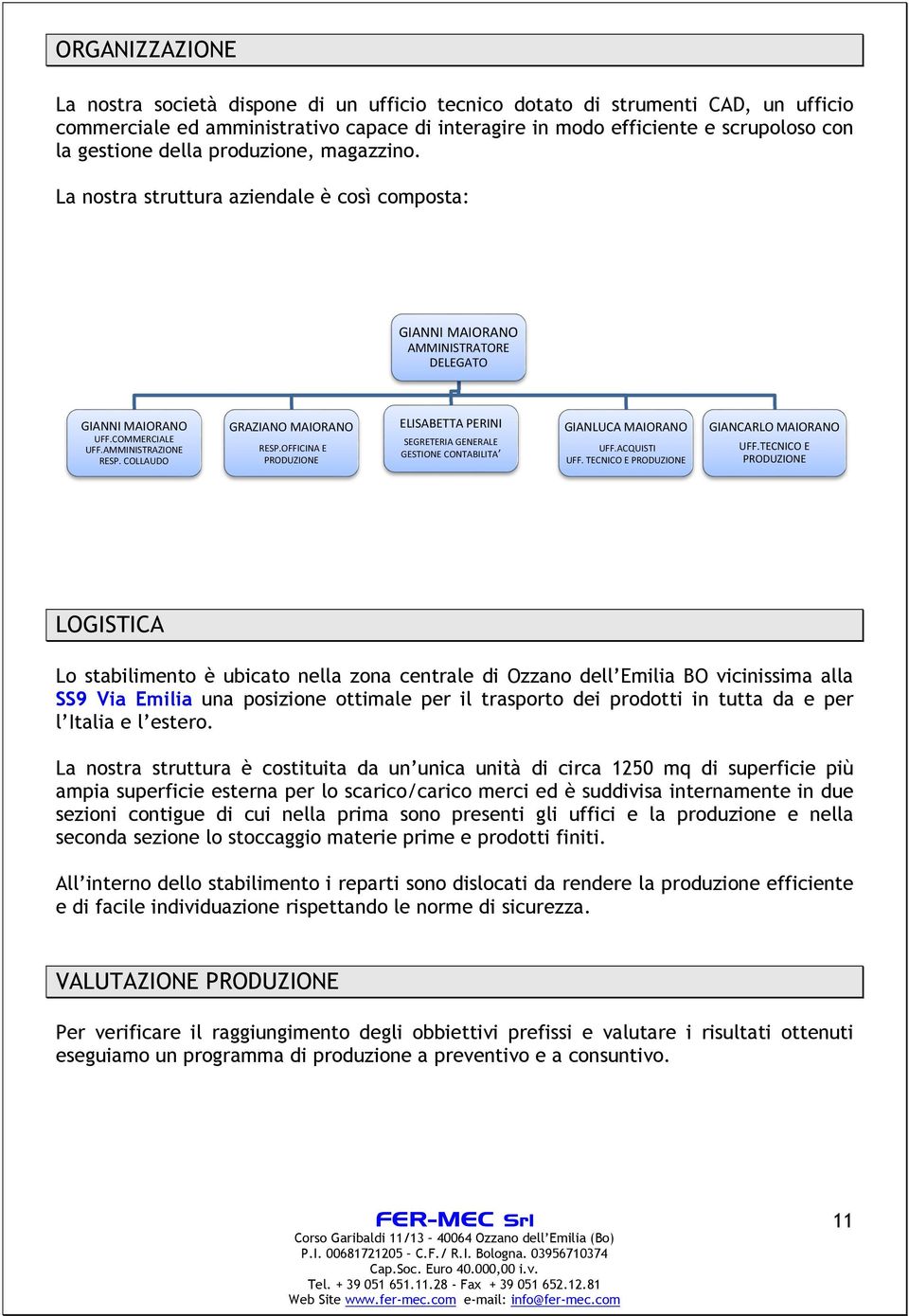 COLLAUDO GRAZIANO MAIORANO RESP.OFFICINA E PRODUZIONE ELISABETTA PERINI SEGRETERIA GENERALE GESTIONE CONTABILITA GIANLUCA MAIORANO UFF.ACQUISTI UFF. TECNICO E PRODUZIONE GIANCARLO MAIORANO UFF.