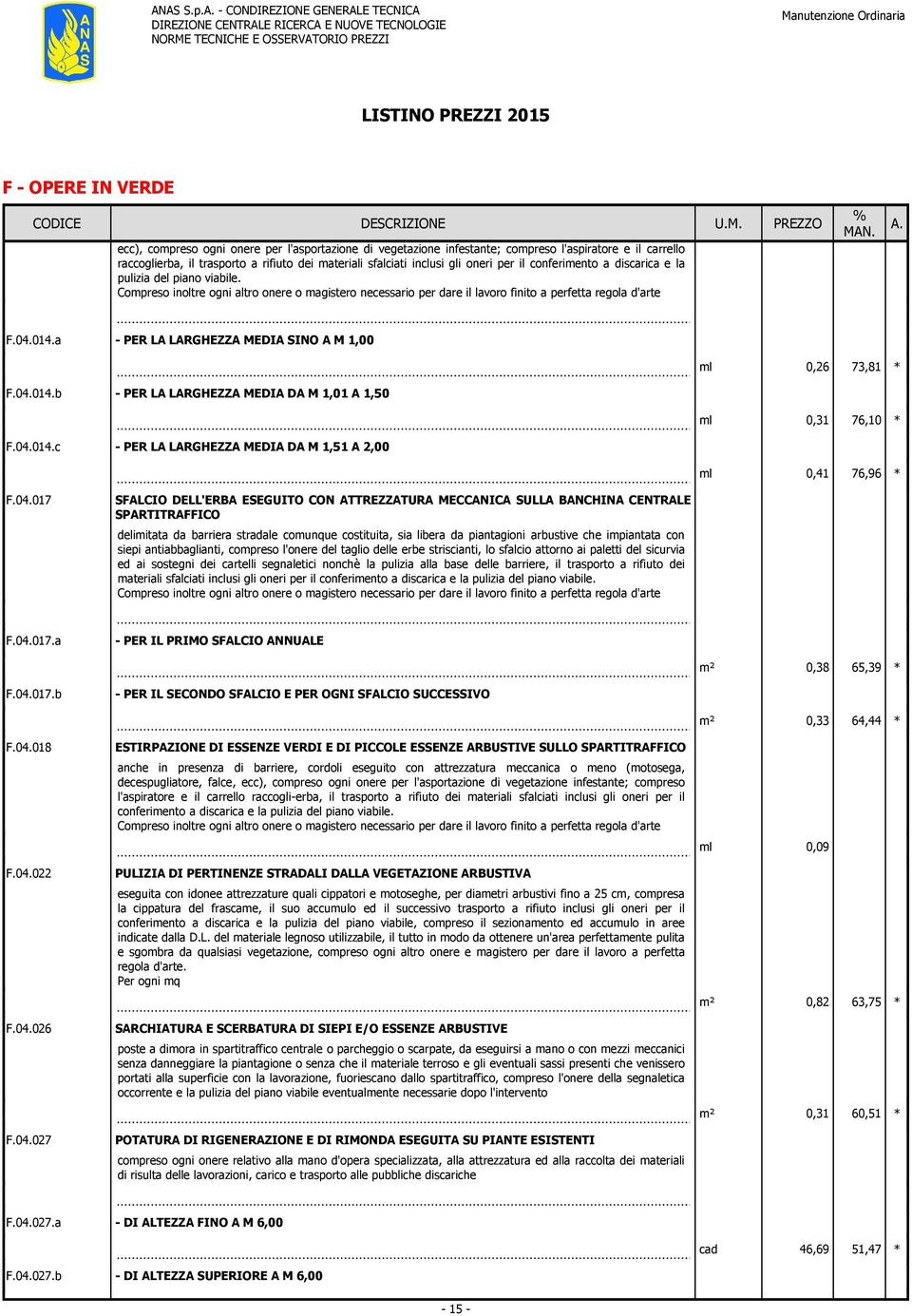 a - PER LA LARGHEZZA MEDIA SINO A M 1,00 0,26 73,81 F.04.