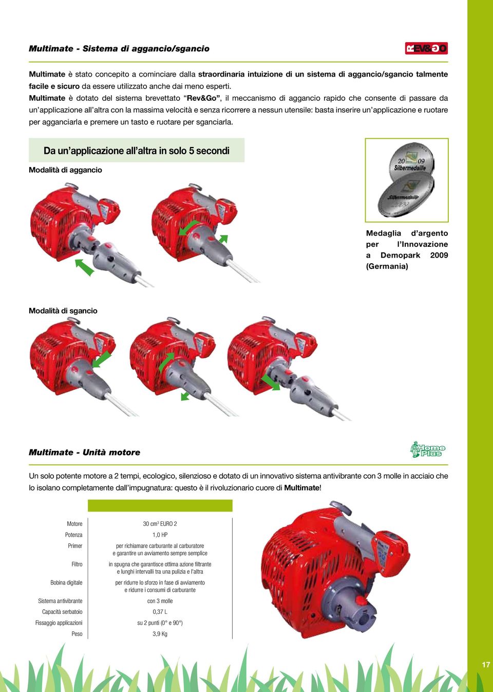 Multimate è dotato del sistema brevettato Rev&Go, il meccanismo di aggancio rapido che consente di passare da un applicazione all altra con la massima velocità e senza ricorrere a nessun utensile: