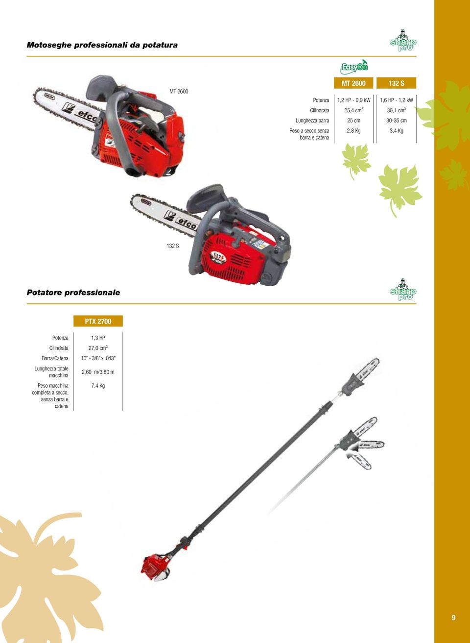 3,4 Kg 132 S Potatore professionale Potenza PTX 2700 1,3 HP Cilindrata 27,0 cm 3 Barra/Catena 10-3/8 x.