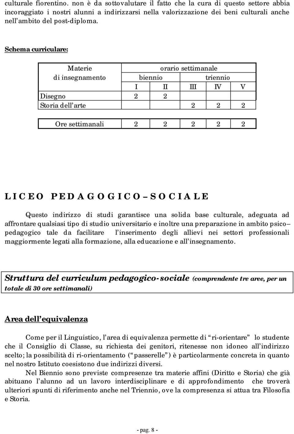 Schema curriculare: Materie orario settimanale di insegnamento biennio triennio I II III IV V Disegno 2 2 Storia dell arte 2 2 2 Ore settimanali 2 2 2 2 2 L I C E O P E D A G O G I C O S O C I A L E