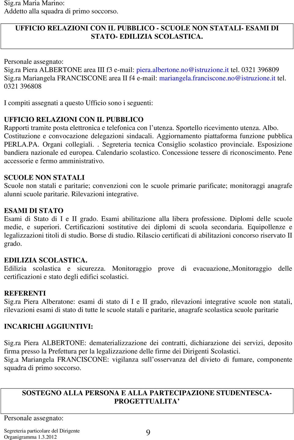 Sportello ricevimento utenza. Albo. Costituzione e convocazione delegazioni sindacali. Aggiornamento piattaforma funzione pubblica PERLA.PA. Organi collegiali.