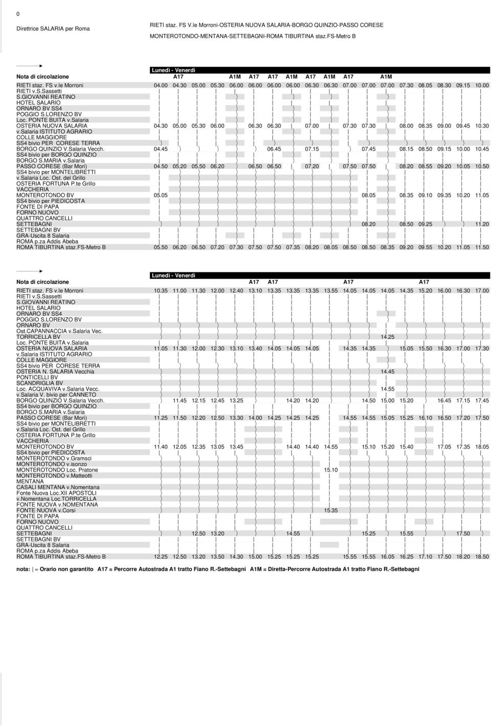 15 10.00 S.GIOVANNI REATINO HOTEL SALARIO ORNARO BV SS4 POGGIO S.LORENZO BV Loc. PONTE BUITA v.salaria OSTERIA NUOVA SALARIA 04.30 05.00 05.30 06.00 06.30 06.30 07.00 07.30 07.30 08.00 08.35 09.00 09.