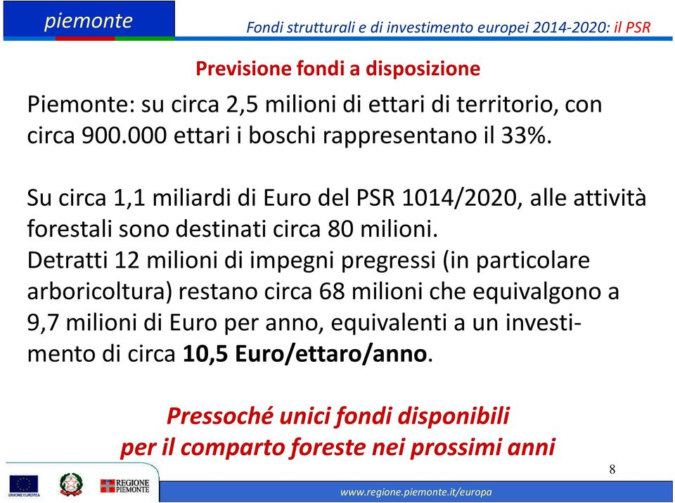 Su circa 1,1 miliardi di Euro del PSR 1014/2020, alle attività forestali sono destinati circa 80 milioni.