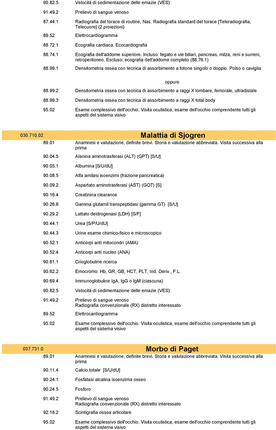 Escluso: ecografia dell'addome completo (88.76.1) 88.99.1 Densitometria ossea con tecnica di assorbimento a fotone singolo o doppio. Polso o caviglia oppure 88.99.2 Densitometria ossea con tecnica di assorbimento a raggi X lombare, femorale, ultradistale 88.