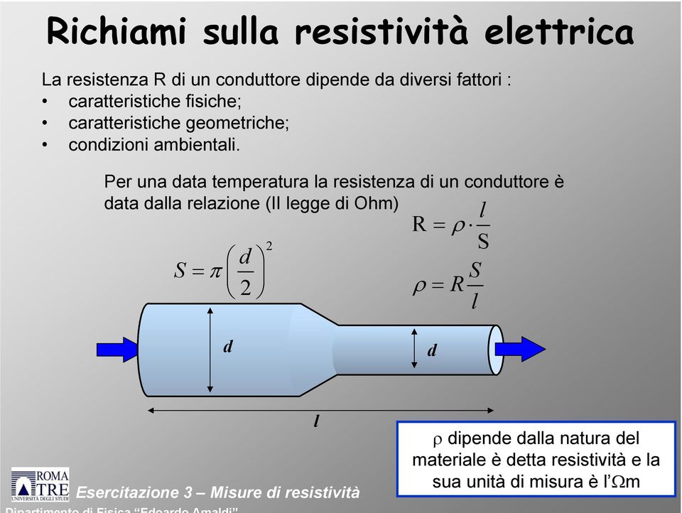 Per una data temperatura la resistenza di un conduttore è data dalla relazione (II legge di Ohm)