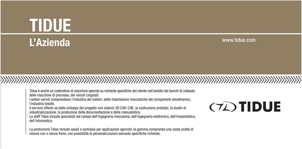 I settori serviti comprendono l'industria dei trattori, delle trasmissioni meccaniche dei componenti oleodinamici, l'industria tessile.