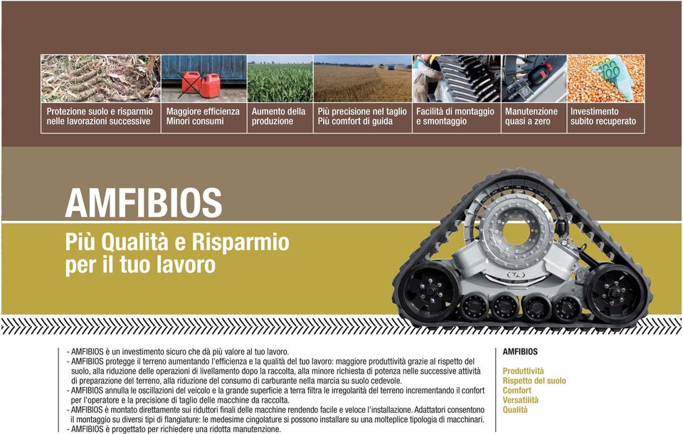 - AMFIBIOS protegge il terreno aumentando l'efficienza e la qualità del tuo lavoro: maggiore produttività grazie al rispetto del suolo, alla riduzione delle operazioni di livellamento dopo la