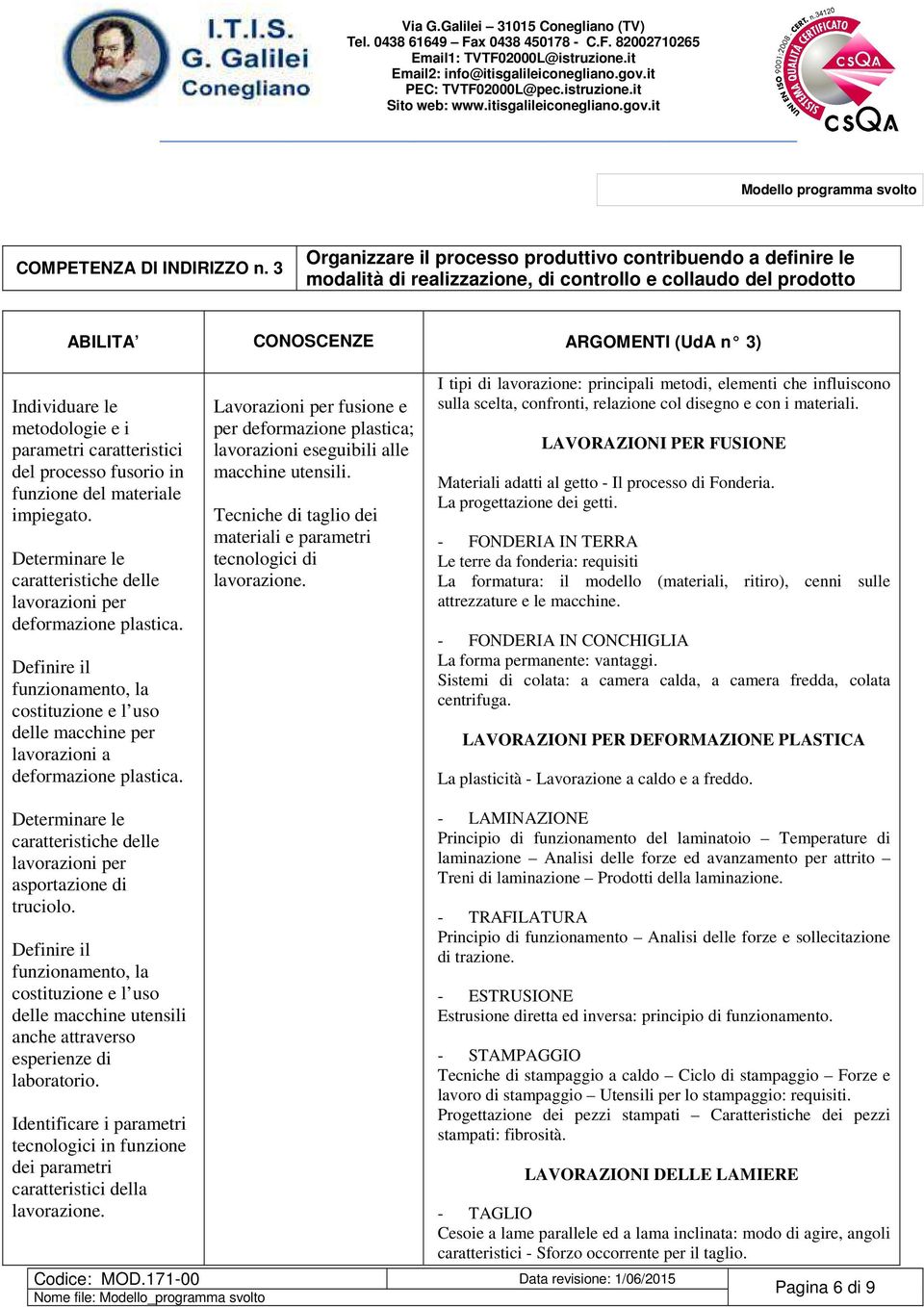 parametri caratteristici del processo fusorio in funzione del materiale impiegato. Determinare le caratteristiche delle lavorazioni per deformazione plastica.