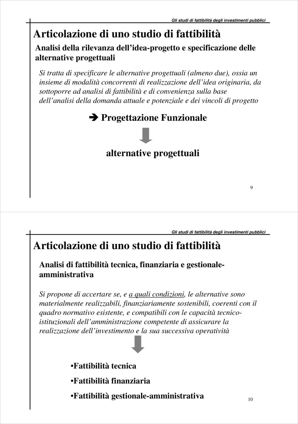 Funzionale alternative progettuali 9 Analisi di fattibilità tecnica, finanziaria e gestionaleamministrativa Si propone di accertare se, e a quali condizioni, le alternative sono materialmente