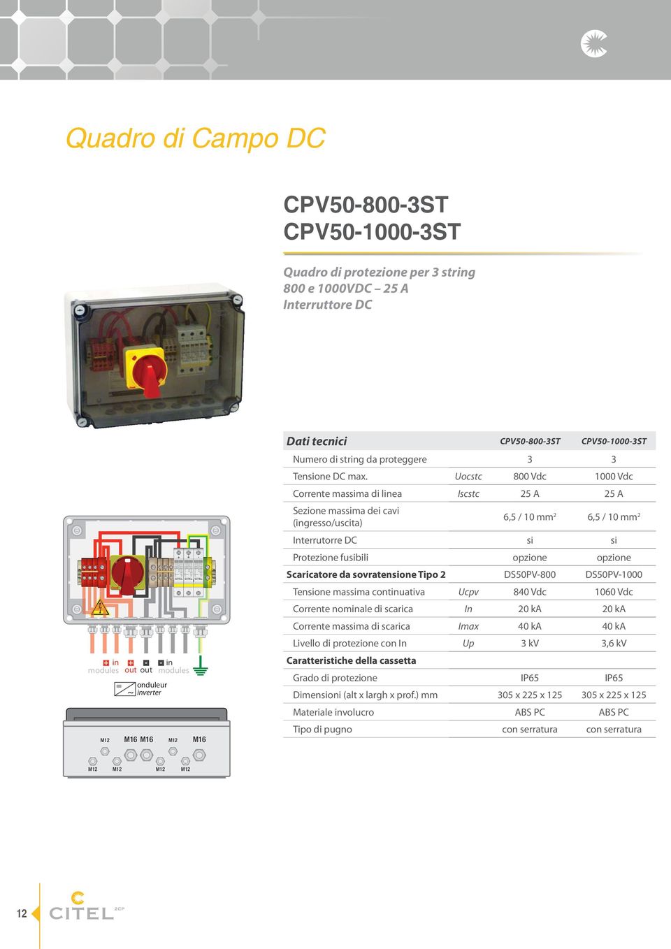 CPV508003ST CPV5010003ST Quadro di protezione per 3 string 800 e 1000VDC 25 A Interruttore DC in out out = onduleur ~ inverter in Dati tecnici CPV508003ST CPV5010003ST Numero di string da proteggere