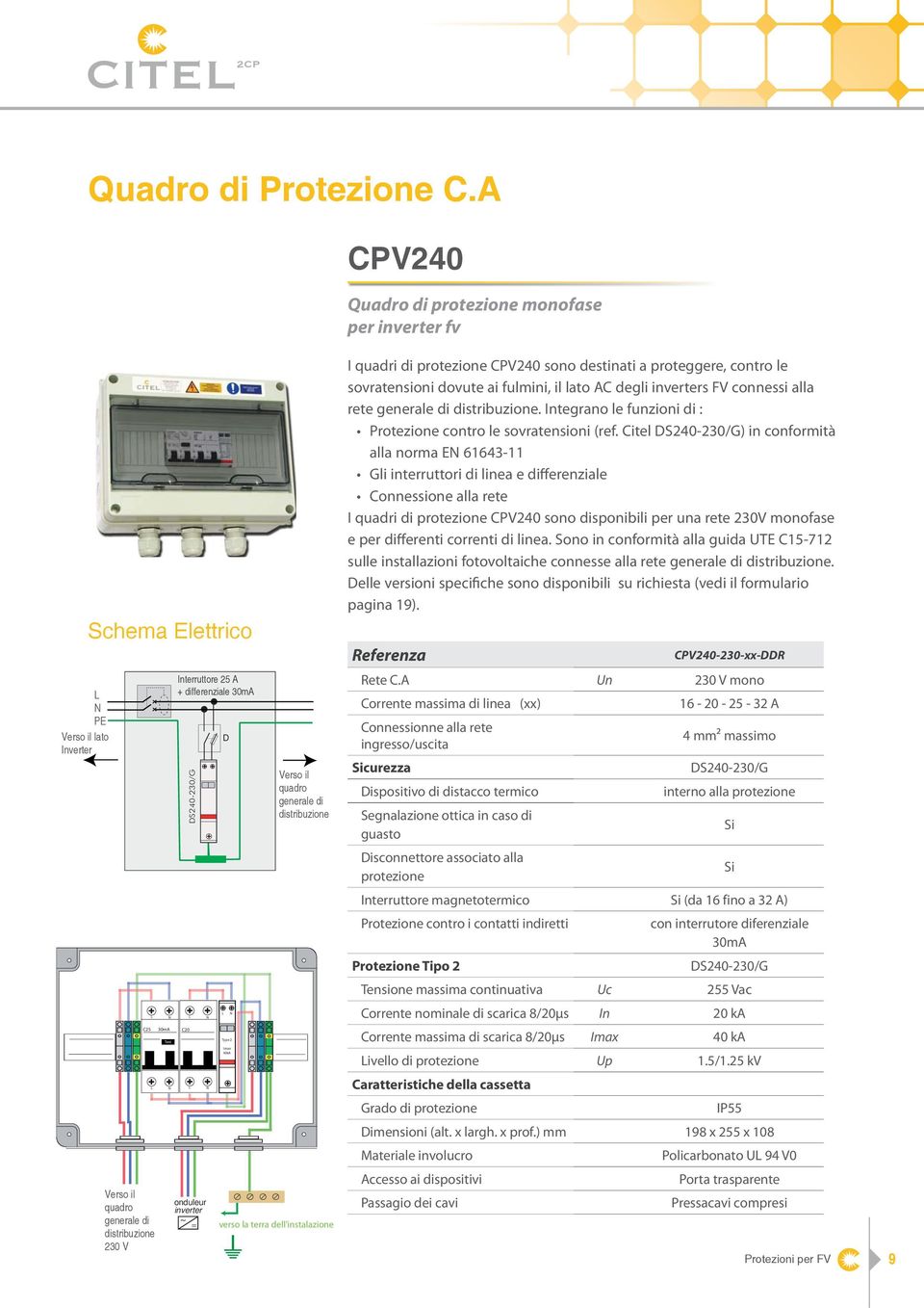 differenziale 30mA DS240230/G L L N N onduleur inverter ~ = D L N Type 2 Imax 40kA Verso il quadro generale di distribuzione verso la terra dell'instalazione I quadri di protezione CPV240 sono