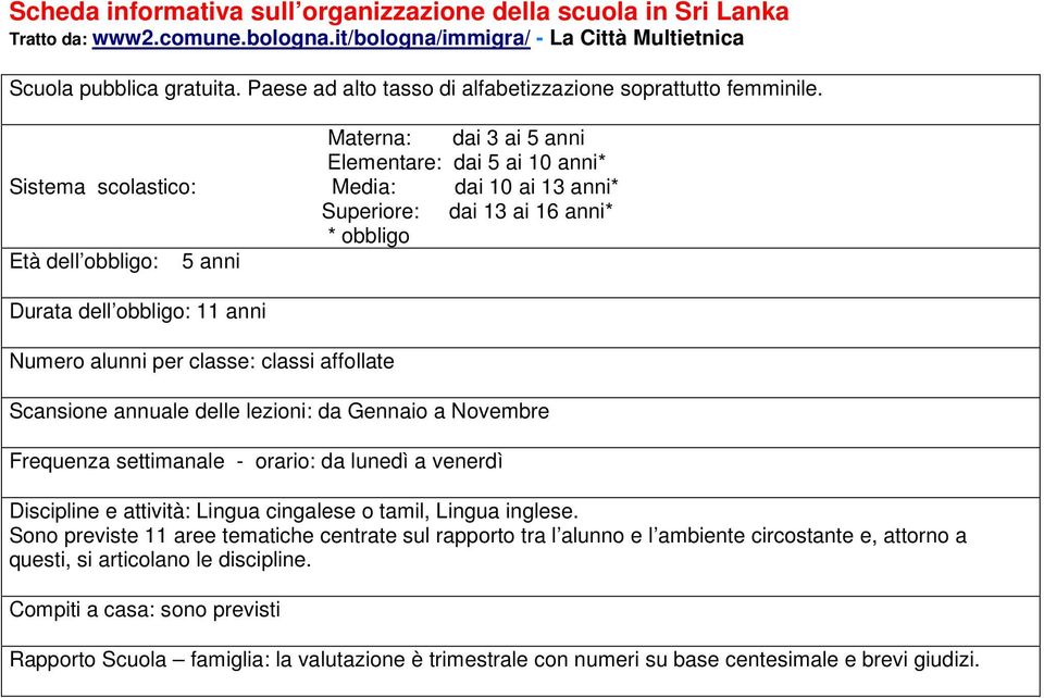 Numero alunni per classe: classi affollate Scansione annuale delle lezioni: da Gennaio a Novembre Frequenza settimanale - orario: da lunedì a venerdì Discipline e attività: Lingua cingalese o tamil,