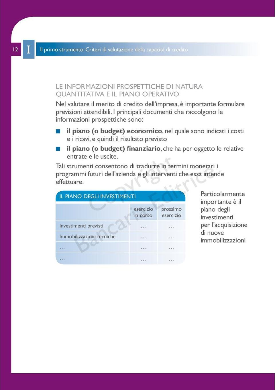 I principali documenti che raccolgono le informazioni prospettiche sono: il piano (o budget) economico, nel quale sono indicati i costi e i ricavi, e quindi il risultato previsto il piano (o budget)