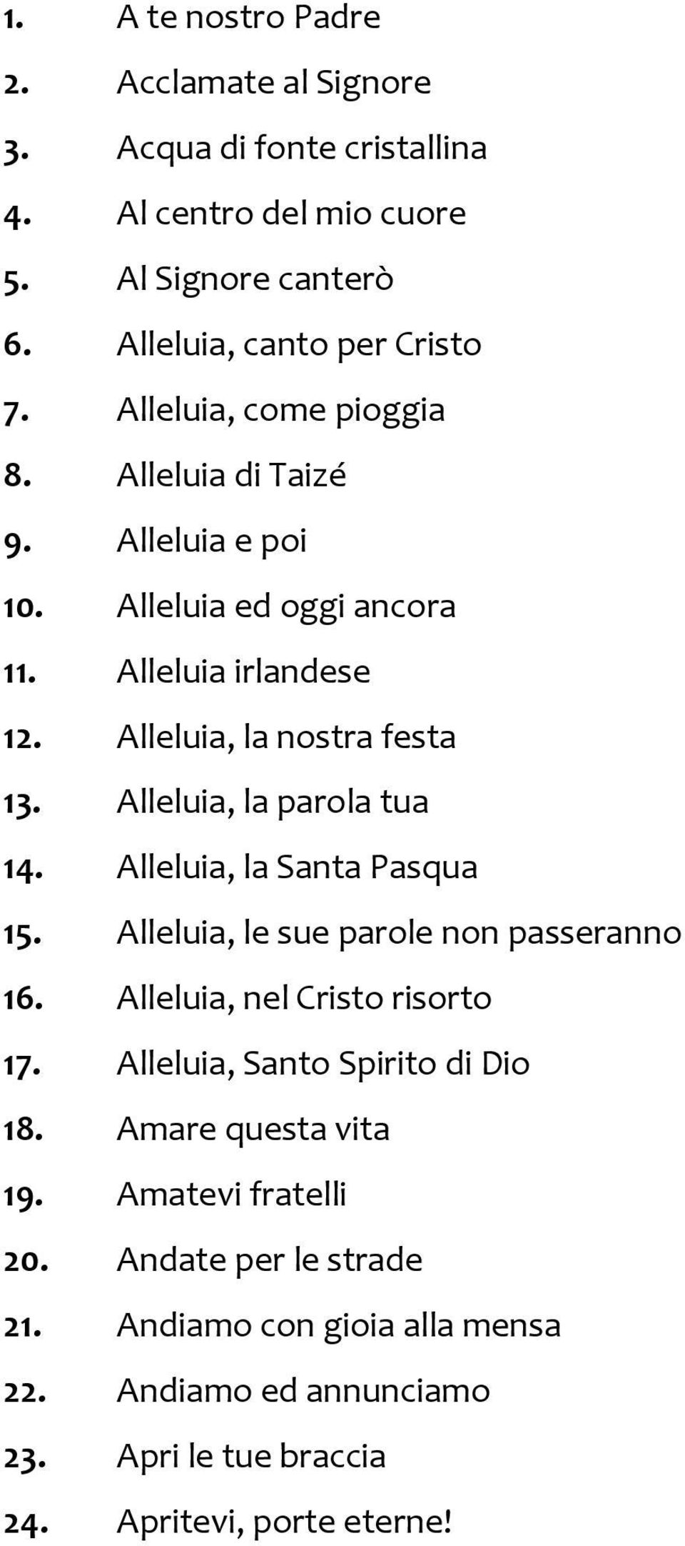 Alleluia, la parola tua 14. Alleluia, la Santa Pasqua 15. Alleluia, le sue parole non passeranno 16. Alleluia, nel Cristo risorto 17.