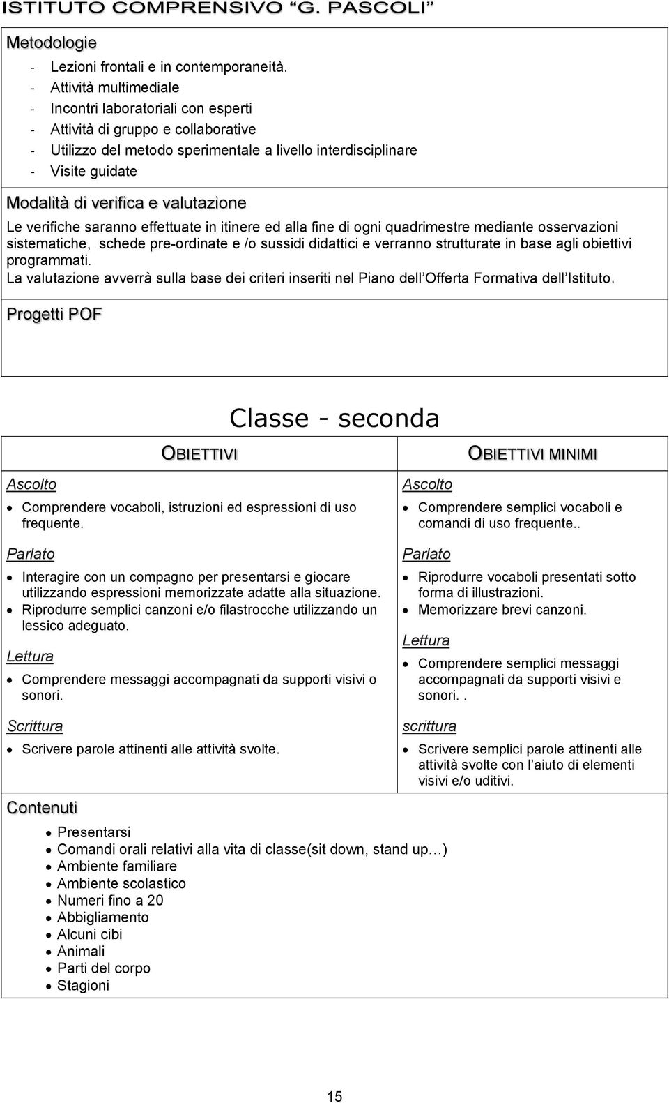 Lettura Comprendere messaggi accompagnati da supporti visivi o sonori. Scrittura Scrivere parole attinenti alle attività svolte. Ascolto Comprendere semplici vocaboli e comandi di uso frequente.