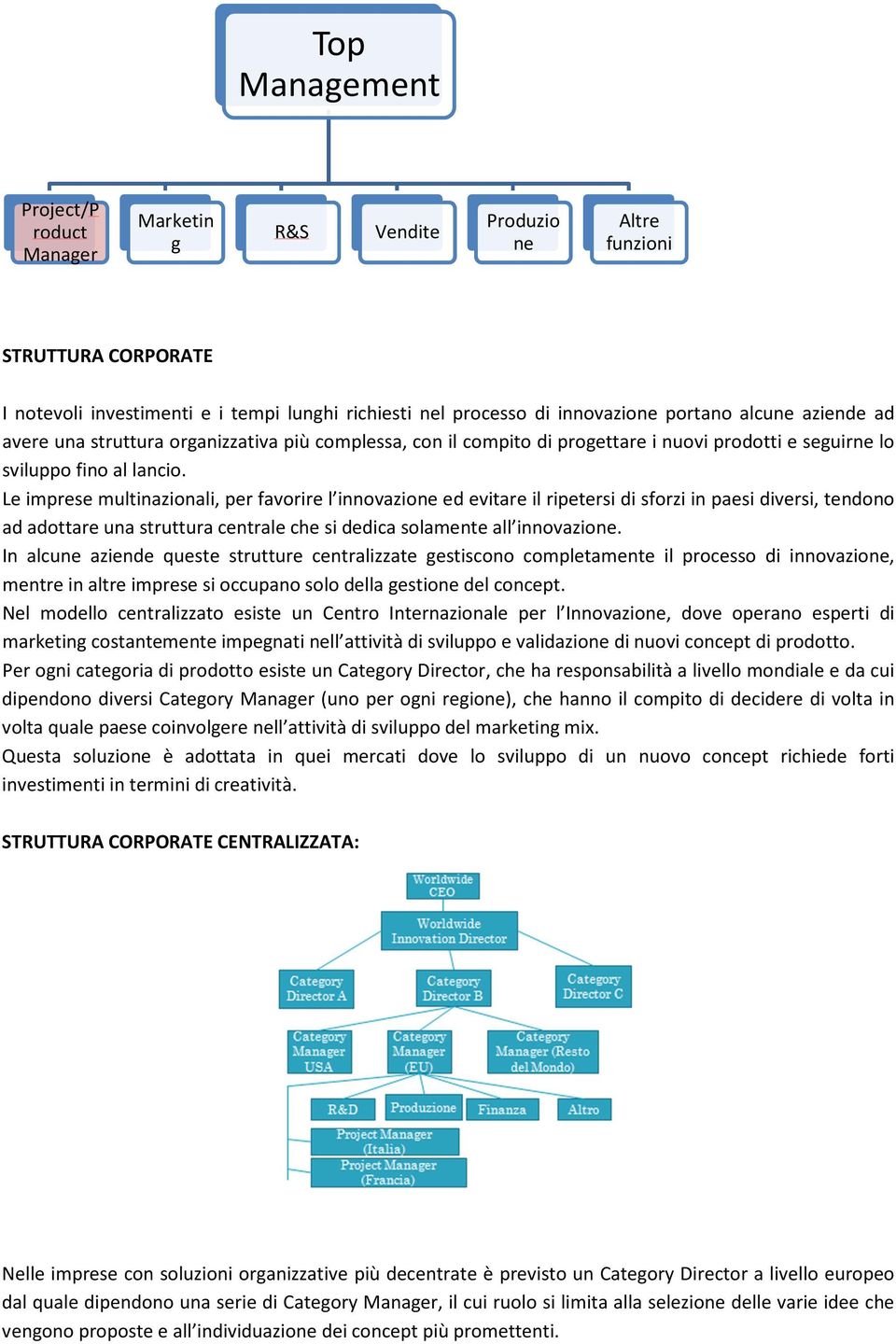 Le imprese multinazionali, per favorire l innovazione ed evitare il ripetersi di sforzi in paesi diversi, tendono ad adottare una struttura centrale che si dedica solamente all innovazione.