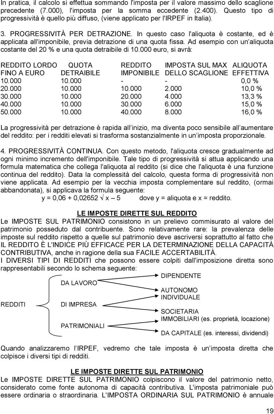 In questo caso l'aliquota è costante, ed è applicata all'imponibile, previa detrazione di una quota fissa. Ad esempio con un aliquota costante del 20 % e una quota detraibile di 10.