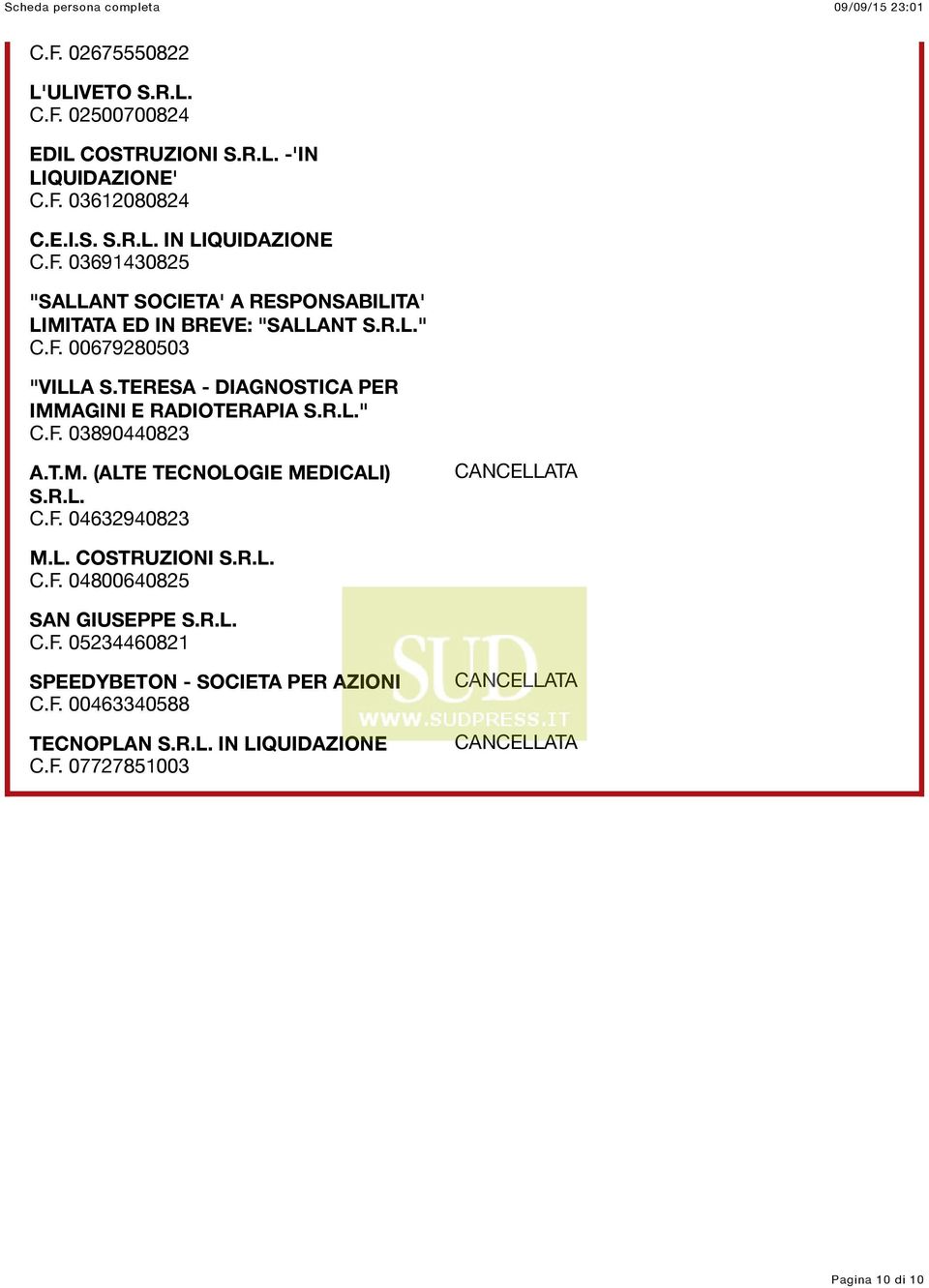 L. COSTRUZIONI S.R.L. C.F. 04800640825 SAN GIUSEPPE S.R.L. C.F. 05234460821 SPEEDYBETON - SOCIETA PER AZIONI C.F. 00463340588 TECNOPLAN S.R.L. IN LIQUIDAZIONE C.