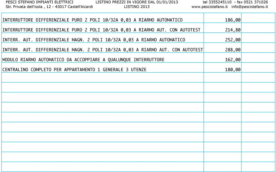 2 POLI 10/32A 0,03 A RIARMO AUTOMATICO 252,00 INTERR. AUT. DIFFERENZIALE MAGN. 2 POLI 10/32A 0,03 A RIARMO AUT.