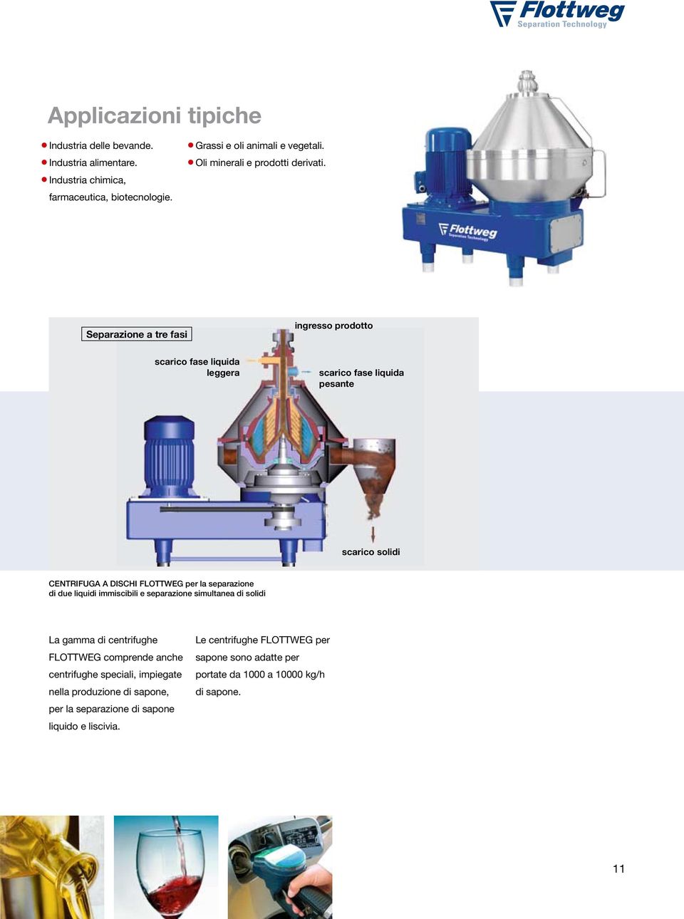 Separazione a tre fasi ingresso prodotto scarico fase liquida leggera scarico fase liquida pesante scarico solidi CENTRIFUGA A DISCHI FLOTTWEG per la separazione di