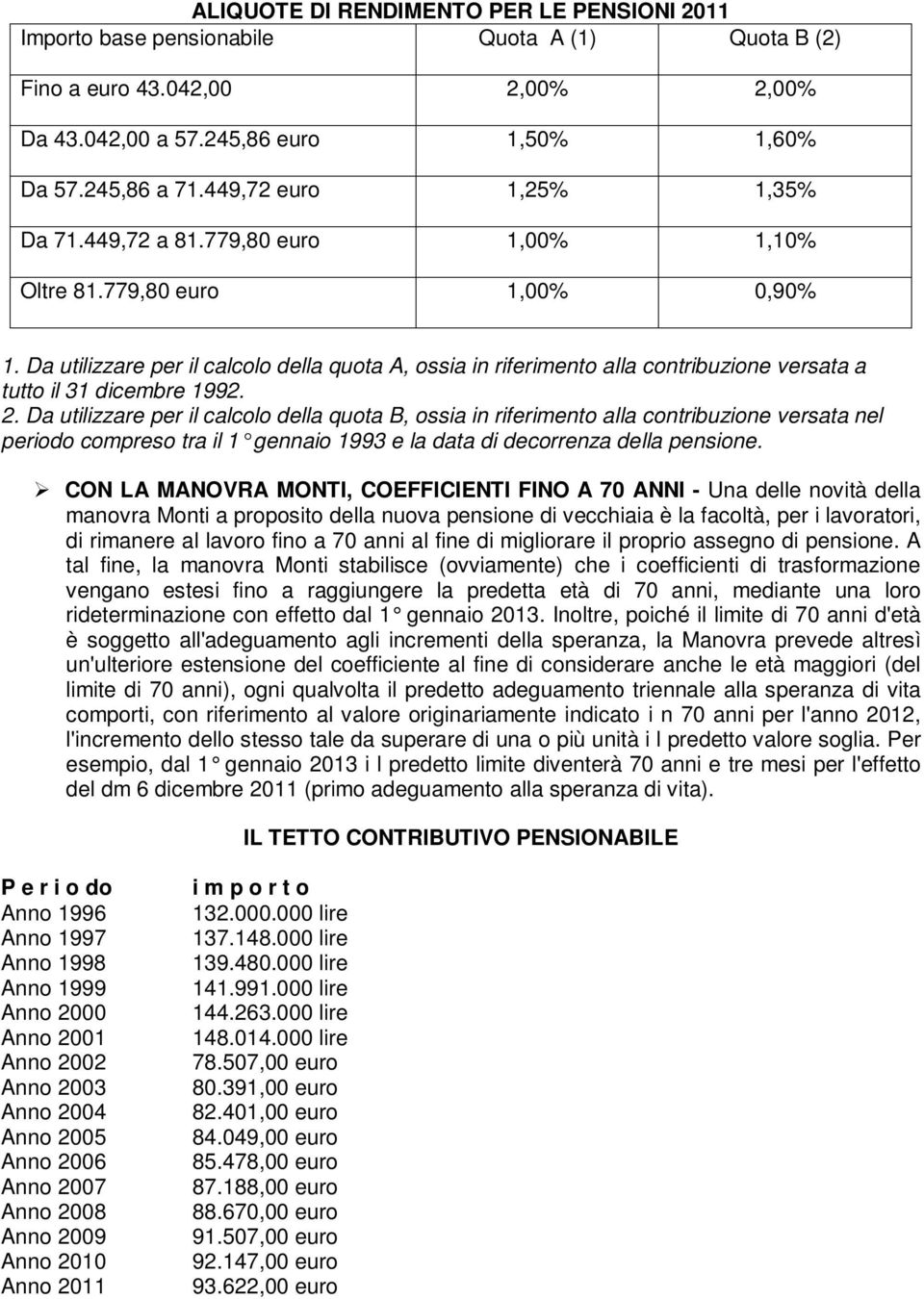 Da utilizzare per il calcolo della quota A, ossia in riferimento alla contribuzione versata a tutto il 31 dicembre 1992. 2.